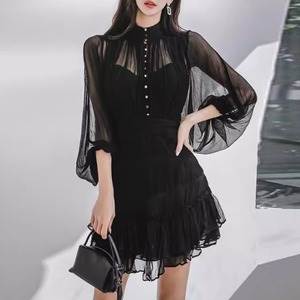 乐天商城 - レディース ワンピース ミニ ボリューム袖 バルーン袖 ハイネック セミフレア Aライン シフォン フリル 透け感 シースルー ボタン かわいい 大人可愛い おしゃれ こなれ感 ガーリー クール モード系 モダン 存在感 とろみ感 抜け感 都会的 秋 冬 謝恩会 二次会