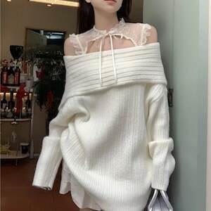 乐天商城 - レースインナー付き レディース ニット 長袖 萌袖 オフショルダー 背中開き フェミニン レース リボン ふわふわ 透け感 伸縮性 かわいい シンプル おしゃれ こなれ感 ガーリー 存在感 とろみ感 抜け感 キュート 都会的 秋 冬 クリスマス バレンタイン 学生 デート