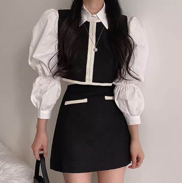 3点セット セットアップ 上下セット スーツ ブラウス スカート ベスト 長袖 前開き ボタン シャツ シフォンシャツ 長袖シャツ ミニスカート Aライン かわいい 大人可愛い きれいめ シンプル カジュアル 大人 上品 おしゃれ かっこいい レトロ クール モード系 大人女子