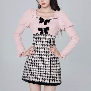 樂天商城 - レディース ワンピース ミニ 長袖 パフスリーブ 萌袖 フリル袖 スクエアネック Aライン 切り替え フェミニン リボン ハイウエスト バイカラー ドッキング かわいい カジュアル おしゃれ こなれ感 ガーリー モダン 存在感 とろみ感 抜け感 都会的 チェック 春 秋 冬