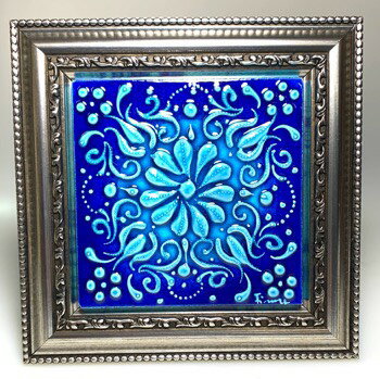 トルコ｜トルコみやげ｜トルコ土産｜トルコおみやげ｜トルコお土産｜トルコタイル｜トルコ陶器｜トルコ雑貨｜コースター｜額付き手描角タイル【10×10】85