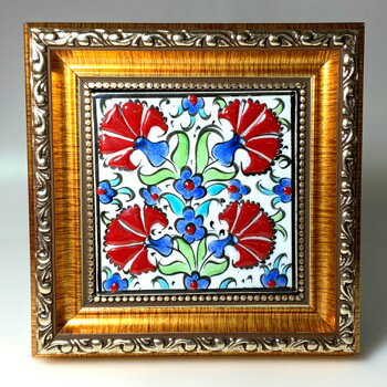 トルコ｜トルコみやげ｜トルコ土産｜トルコおみやげ｜トルコお土産｜トルコタイル｜トルコ陶器｜トルコ雑貨｜コースター｜額付き手描角タイル【10×10】07(3)