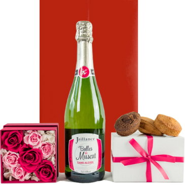ギフト洋菓子 花 セット 【ワインとお花、スイーツのギフト】 ノンアルコール スパークリングワイン フランス 750ml やや甘口 ジャイアンス プリザーブド フラワー ボックス ピンク バラ アレンジメント LES CACAOS 焼菓子 5種 プレゼント 女性 アルコール0%