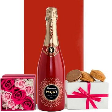 プレゼント 結婚祝い 【ワインとお花、スイーツのギフト】 シャンパン フランス 750ml 辛口 「マキシム・ド・パリ」 ブラン・ド・ノワール プリザーブドフラワー ボックス アレンジ ピンク バラ LES CACAOS 焼菓子 5種 マドレーヌ 誕生日 送料無料
