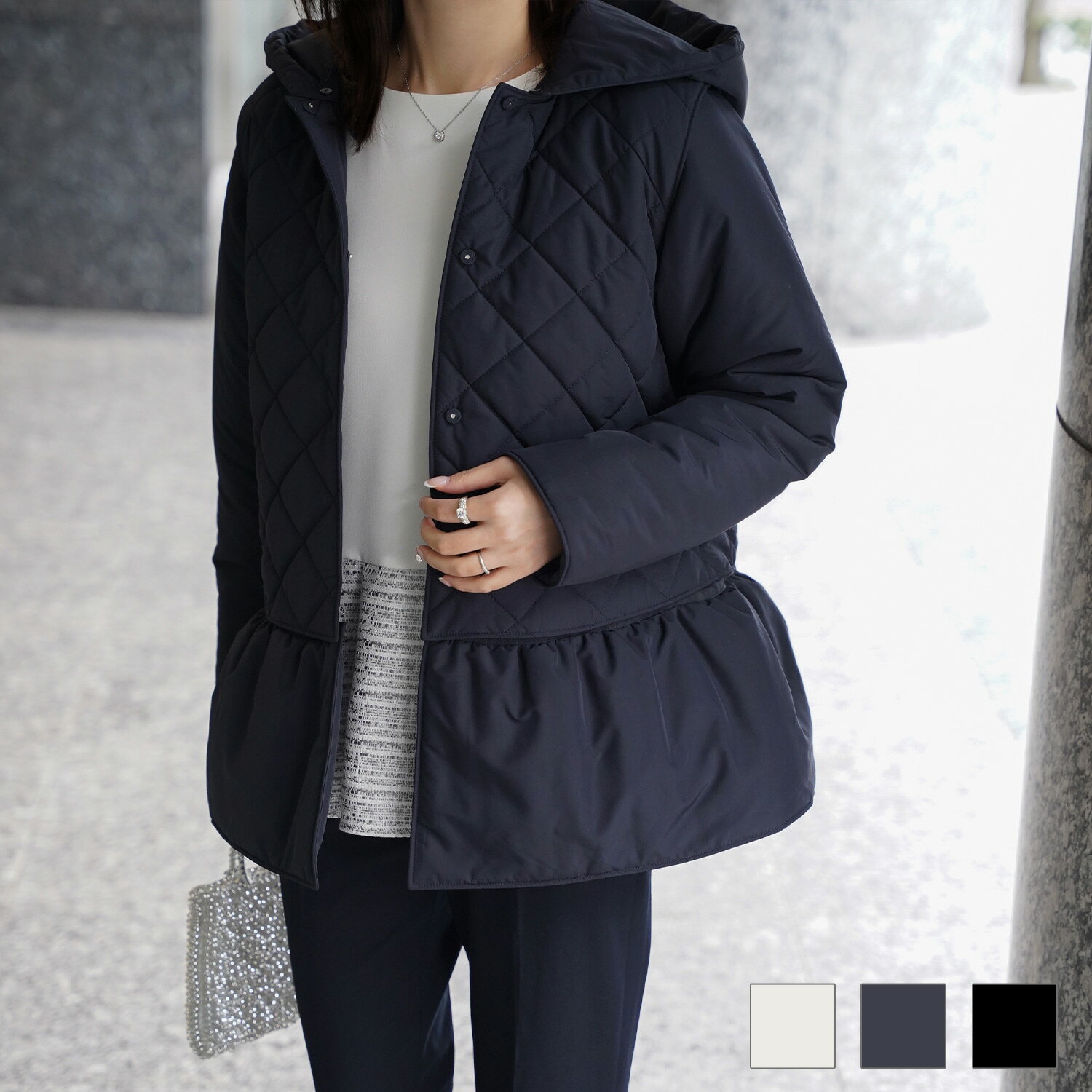 12/中旬～下旬頃発送予定！レディース 上品 中綿 ペプラム ベスト ジレ ノーカラージャケット インナーダウン ジョイントスペース マルチway キルティング ジャケット HUIT 全3色｜hit241-0308【3】のサムネイル