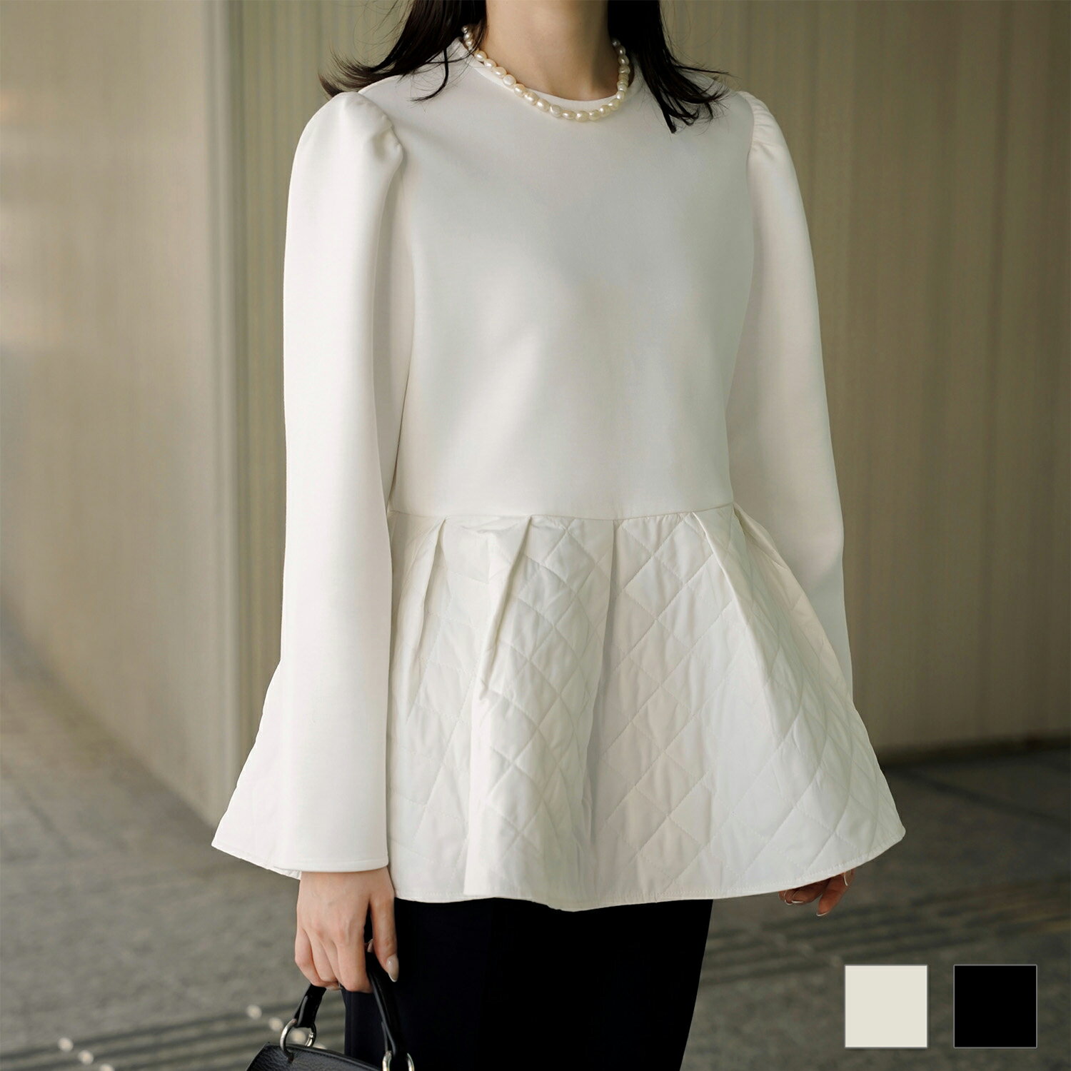 キルティング ペプラム トップス ボンディング 異素材 きれいめ オフィス 長袖 ジョイントスペース キルティング ペプラム トップス HUIT 全2色｜hit841-0314【1】のサムネイル