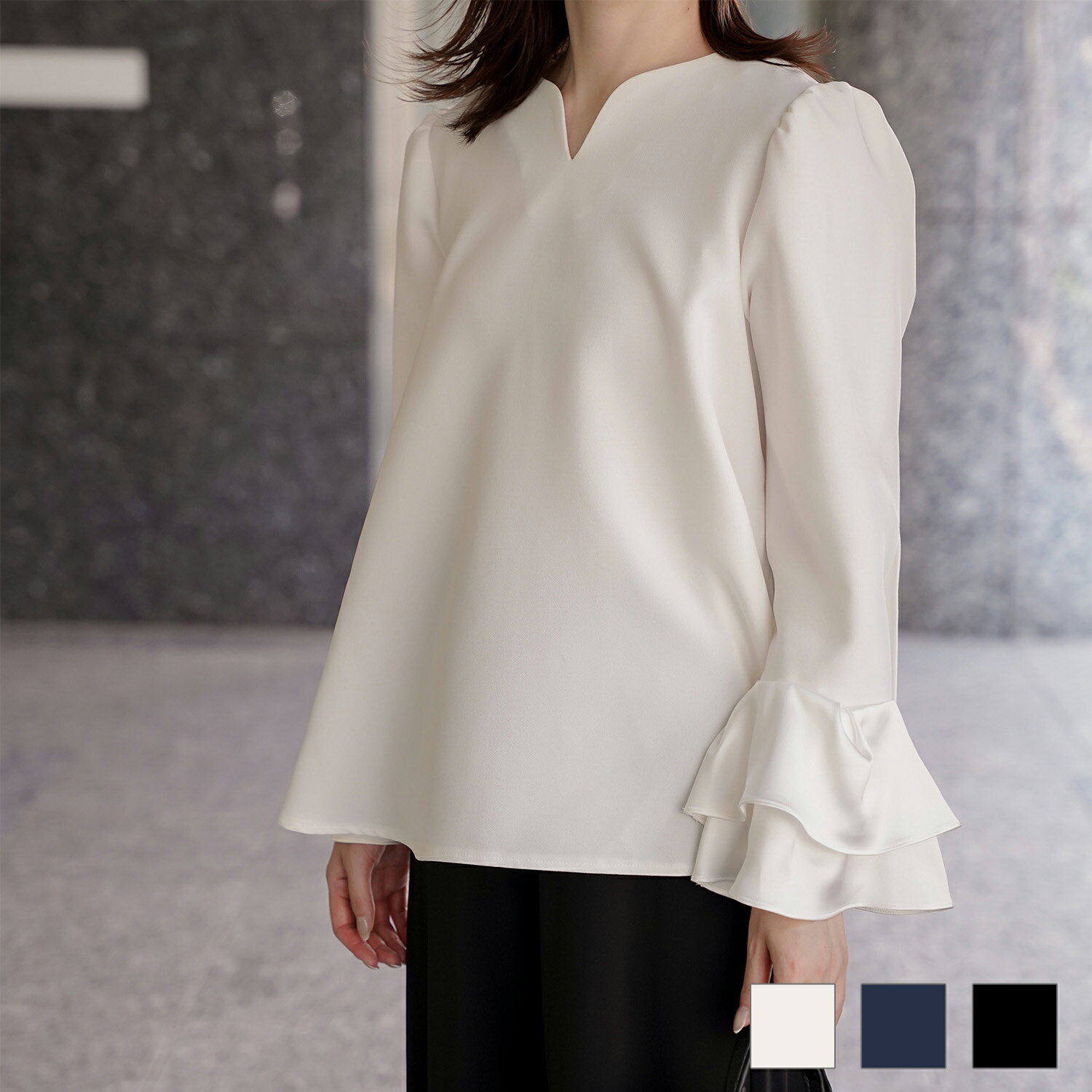 レディース サテン ベルスリーブ 長袖 フレア きれいめ オフィス 洗える ジョイントスペース サテン ベルスリーブ ブラウス HUIT 全3色｜hit841-0315【1】のサムネイル