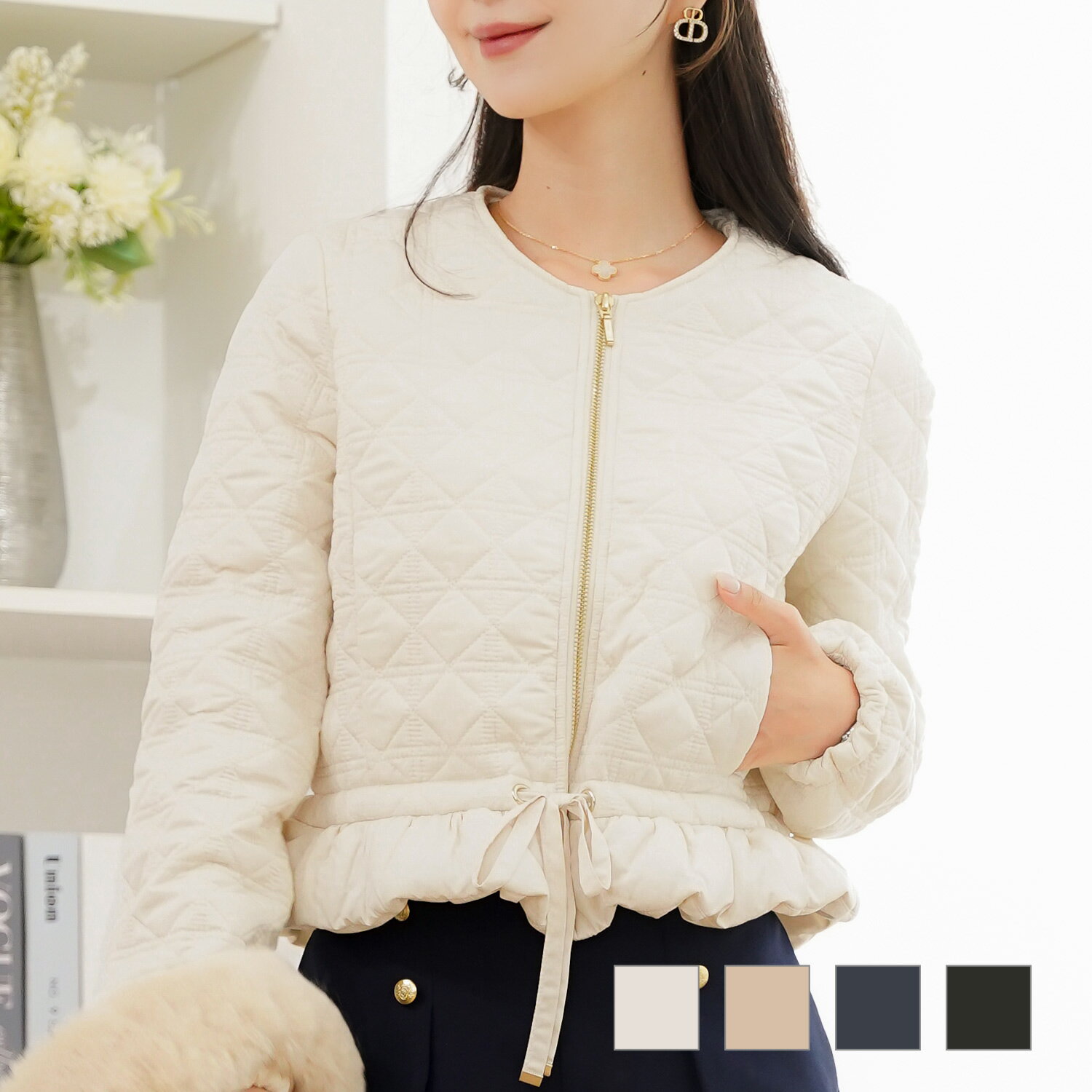 12/下旬頃発送予定！アウター キルティング ショート丈 中綿 2WAY 上品 ジョイントスペース 2WAY ショート丈 キルティング ノーカラー中綿 ジャケット le reve vaniller 全4色｜lvn141-2120【3】のサムネイル