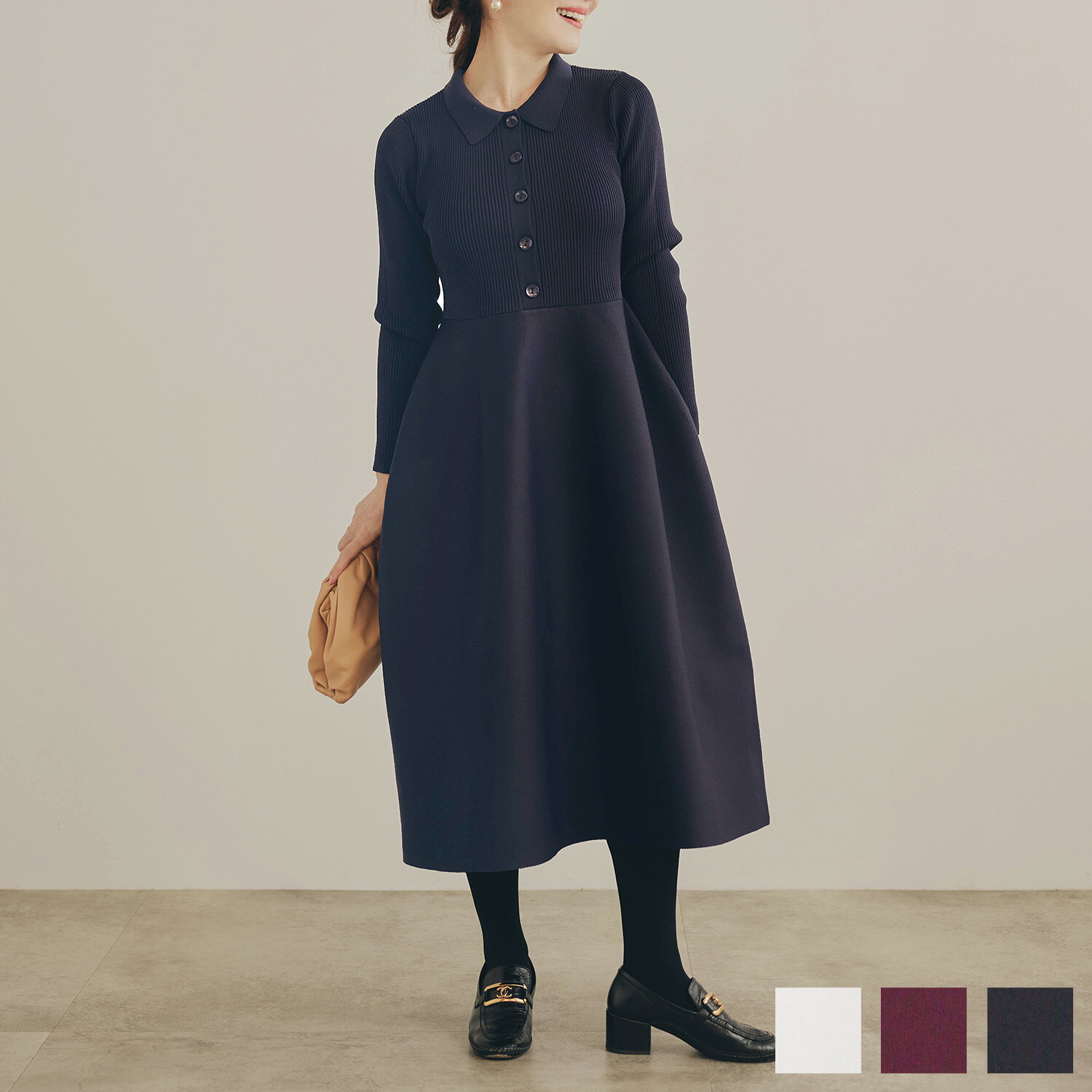 手洗い可 レディース ミモレ 大人 上品 長袖 きれいめ オフィス 秋冬 春 かわいい ジョイントスペース ミラノリブ 襟付き ニット ワンピース Liala×PG 全3色｜lpg331-2192【1】のサムネイル