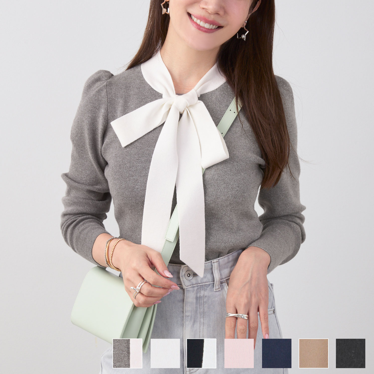 新色追加 手洗い可 トップス レディース かわいい オフィス きれいめ バイカラー 白黒 上品 ジョイントスペース ボウタイ リボン ニット Liala×PG 全7色｜lpg412-0953【11】のサムネイル