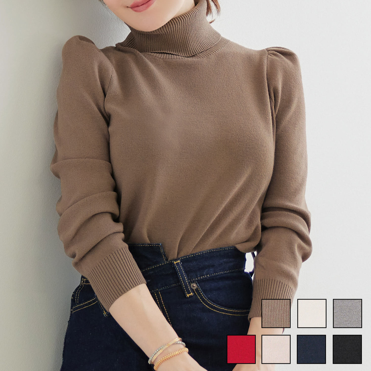 新色追加 手洗い可 レディース トップス 服 秋冬春 女性 洗える シンプル かわいい オフィス おしゃれ 長袖 おすすめ ジョイントスペース タートルネック 袖山ギャザー ニット Liala×PG 全7色｜lpg431-1815【10】のサムネイル