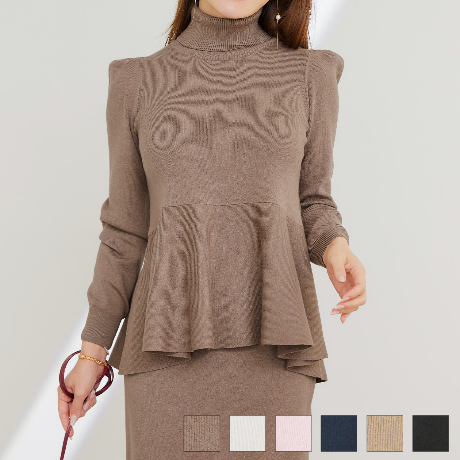 新色追加 手洗い可 レディース トップス 服 秋冬春 洗える かわいい シンプル 体型カバー オフィス おしゃれ 長袖 おすすめ ジョイントスペース タートルネック ペプラム ニット プルオーバー Liala×PG 全6色｜lpg431-1818【6】のサムネイル