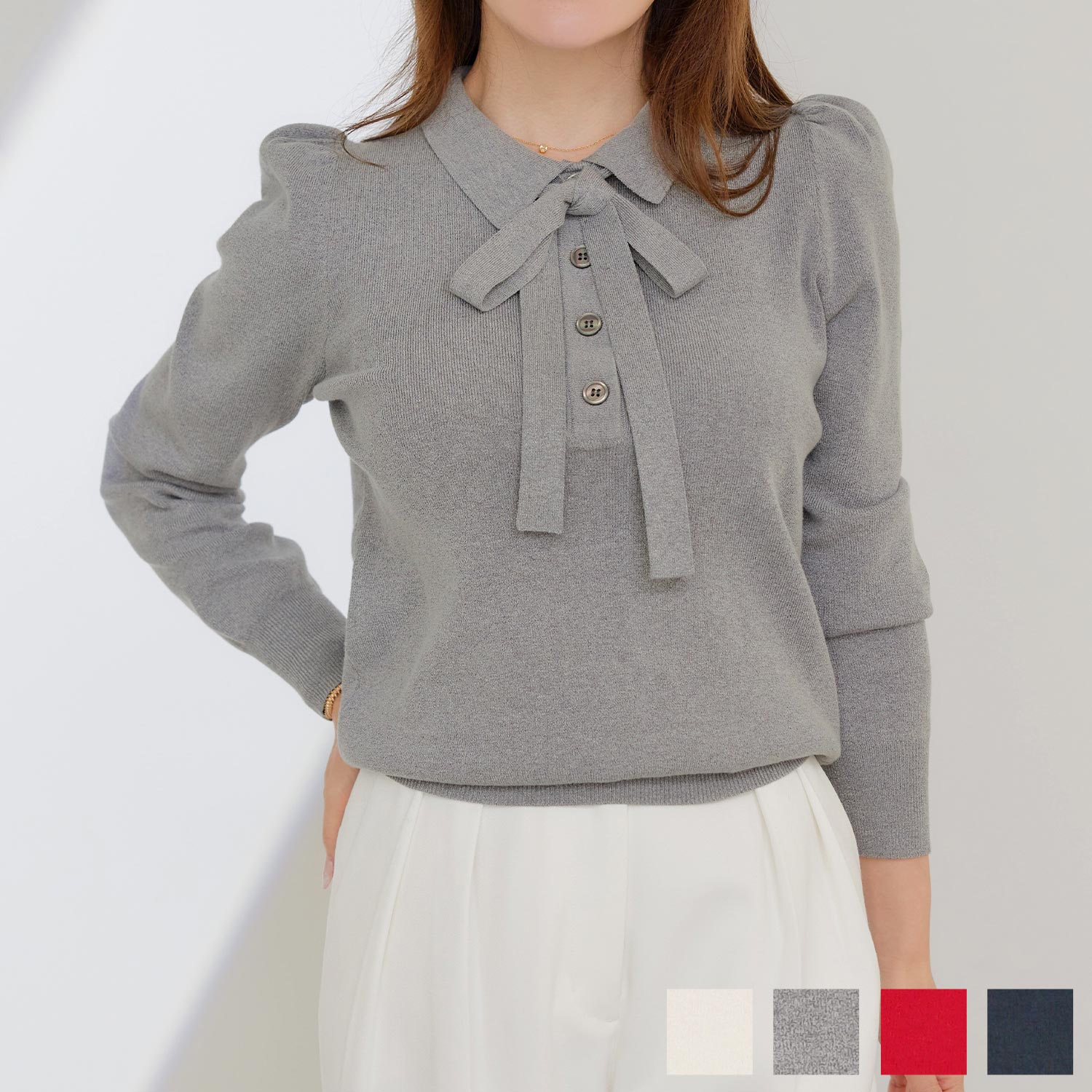 手洗い可 レディース 長袖 秋冬春 長袖 可愛い 上品 きれいめ オフィス 色 フェミニン ジョイントスペース エコヴェロ 襟付き ボウタイ ニット Liala×PG 全4色｜lpg431-2160【1】のサムネイル