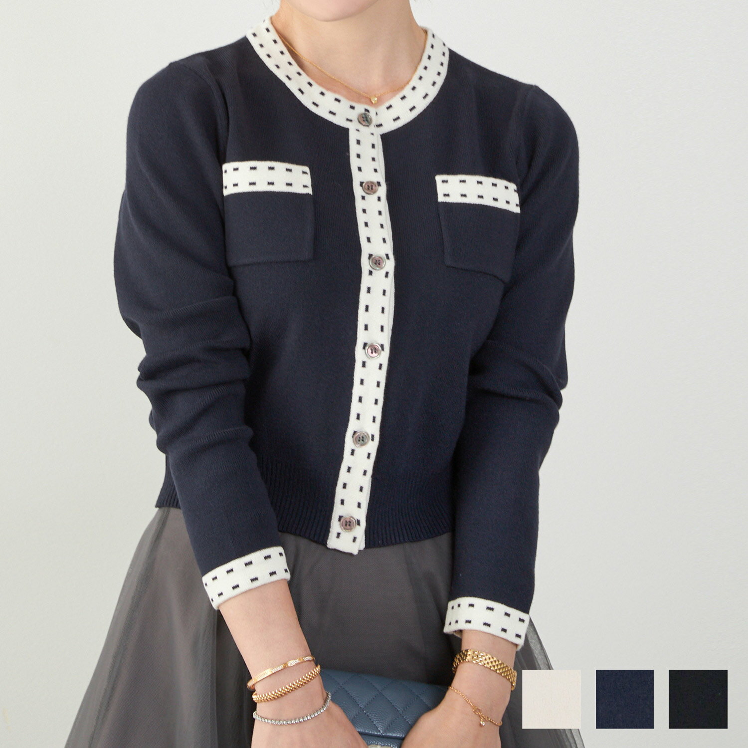 手洗い可 レディース 長袖 秋冬春 長袖 可愛い 上品 きれいめ オフィス 色 フェミニン ジョイントスペース エコヴェロ ステッチ ジャガード 丸首 ニット カーディガン Liala×PG 全3色｜lpg431-2161【1】のサムネイル