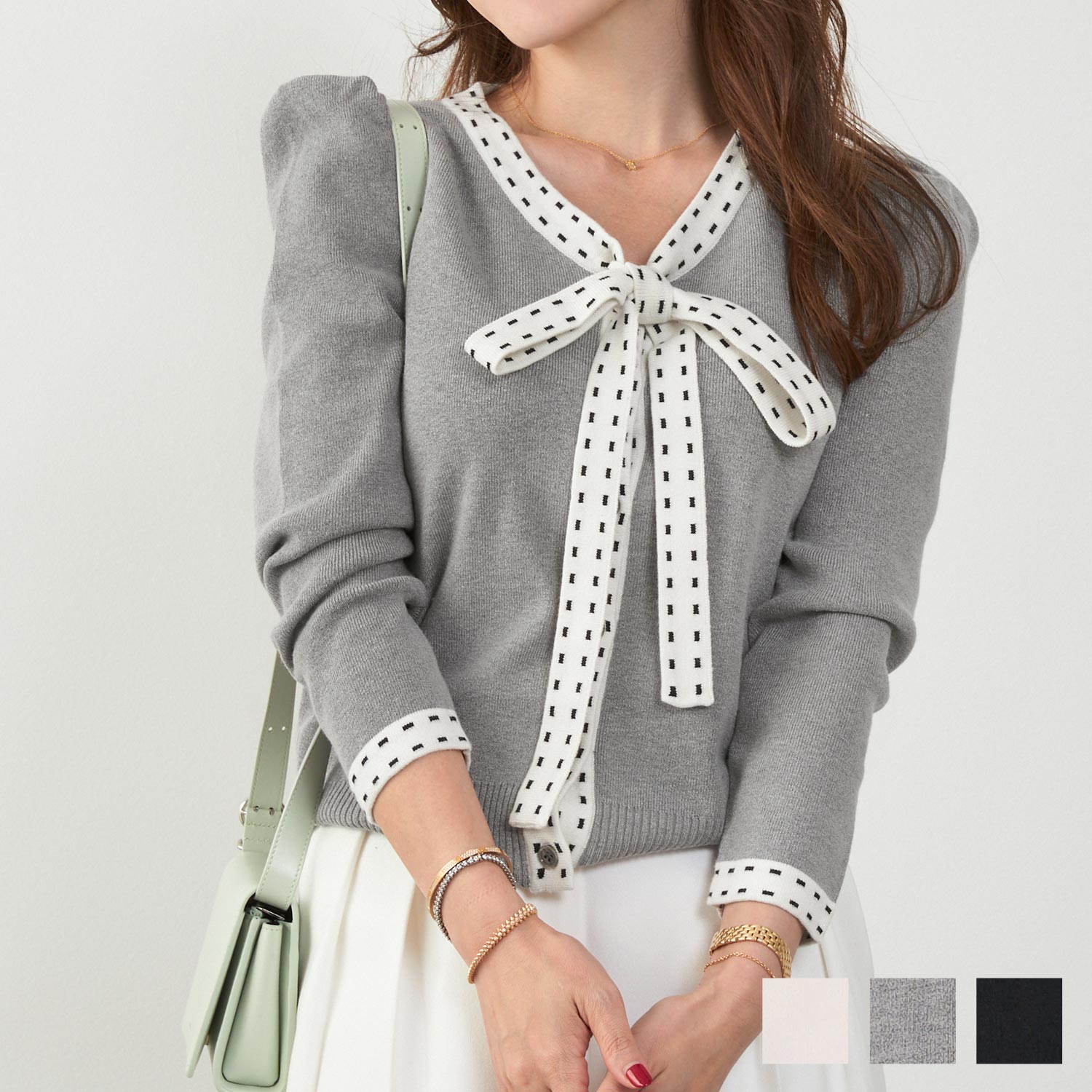 手洗い可 レディース 長袖 秋冬春 長袖 可愛い 上品 きれいめ オフィス ボウタイ フェミニン ジョイントスペース エコヴェロ ステッチ ジャガード Vネック ニット カーディガン Liala×PG 全3色｜lpg431-2162【1】のサムネイル