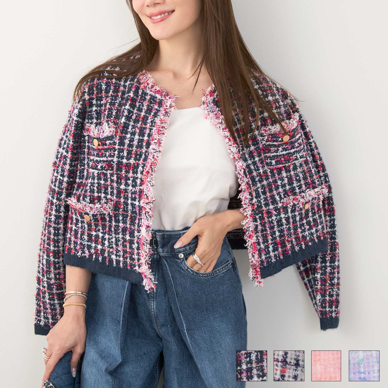 12/下旬頃発送予定！新色追加 手洗い可 きれいめ カジュアル レディース 秋冬 ショート丈 オフィス 青 色 厚手 おしゃれ 洗濯 ジョイントスペース ツイードMIX風 フリンジ ニット カーディガン Liala×PG 全4色｜lpg441-2016【6】のサムネイル