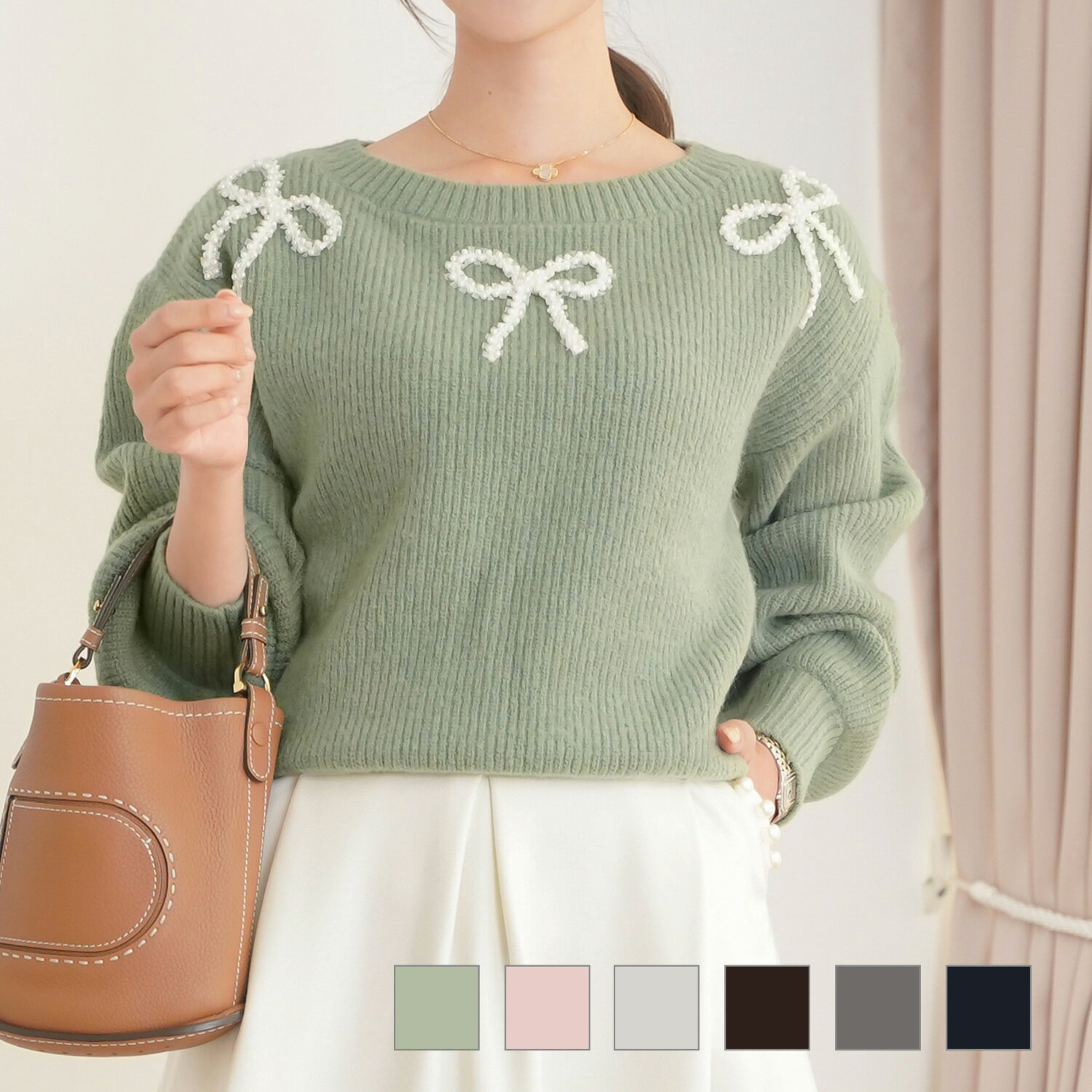 ニット トップス ローゲージ パール リボン ジョイントスペース リボンモチーフ パール ニット トップ..