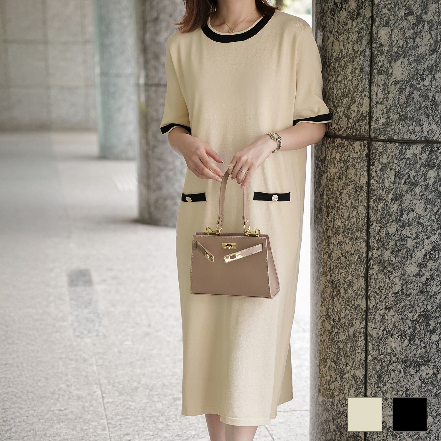 レディース サマーニット バイカラー きれいめ 上品 洗える ジョイントスペース バイカラー ニット ワンピース HUIT 全2色｜hit371-0302【1】のサムネイル