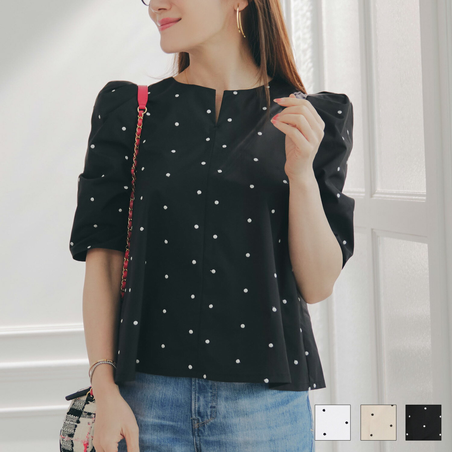 CLEARANCE-SALE 手洗い可 セットアップ対応可 水玉 かわいい 上品 きれいめ 大人カジュアル オフィス フォーマル フェミニン パフスリーブ スリット ジョイントスペース ドット 刺しゅう パフ袖 ブラウス Liala×PG 全3色｜lpg821-2116【2】のサムネイル