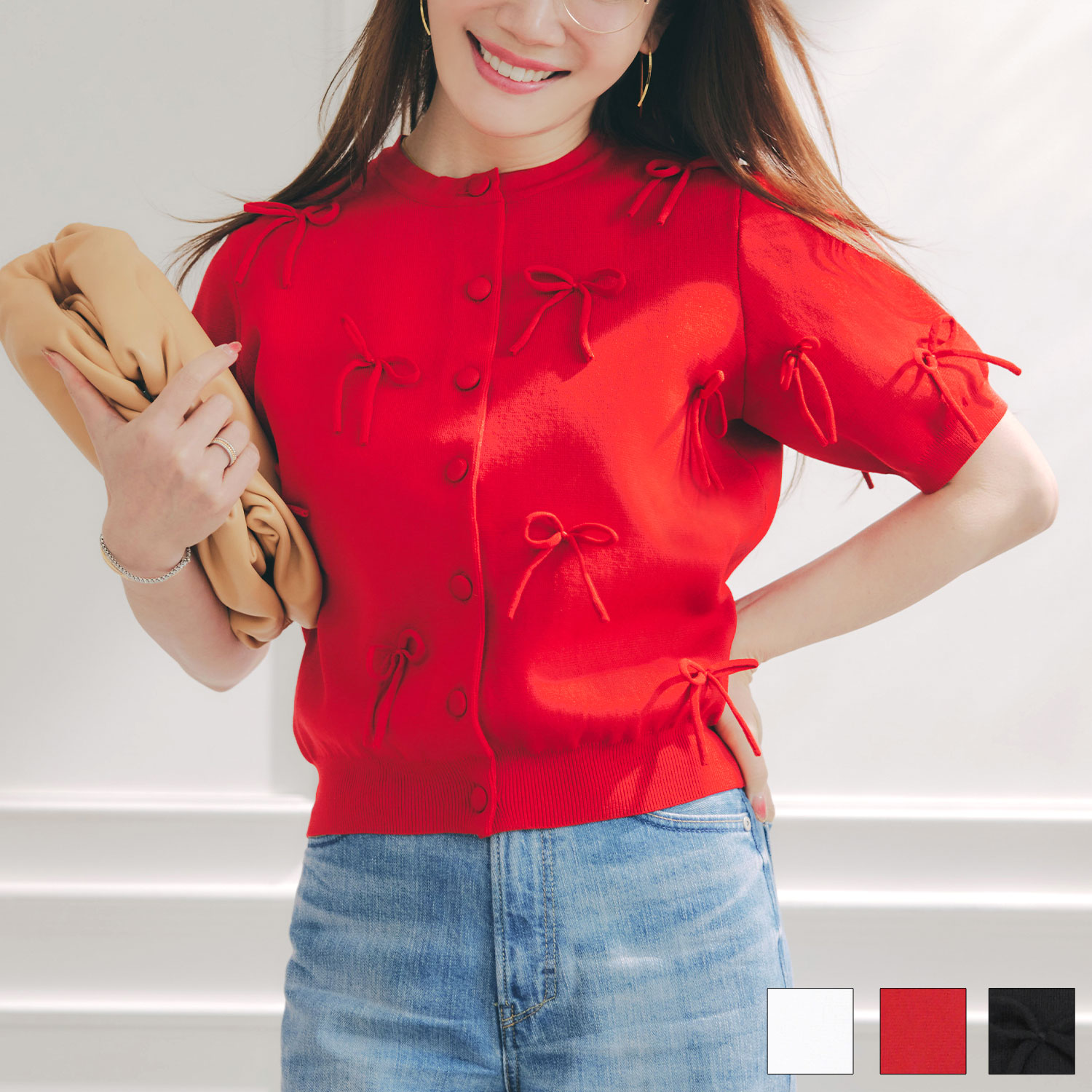 手洗い可 ラウンドネック 裾リブ おしゃれ フェミニン 上品 大人可愛い きれいめ 大人カジュアル くるみ釦 ジョイントスペース リボン付き ニット カーディガン 半袖 Liala×PG 全3色｜lpg421-2134【1】のサムネイル