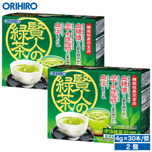 名称 賢人の緑茶　2個 内容量（1個あたり） 120g(4g×30本) 原材料名 イソマルトデキストリン（食物繊維）（国内製造）、デキストリン、緑茶末（デキストリン、緑茶、抹茶）、抹茶、米、GABA／酸化防止剤（V.C） 主要成分 製品1本(4g)当たり 機能性関与成分：イソマルトデキストリン（食物繊維として）　2.13g、GABA　12.5mg 商品説明 機能性関与成分としてイソマルトデキストリン（食物繊維として）、GABAを配合した機能性表示食品。食後の血糖値・血中中性脂肪値、血圧高めが気になる方に。粉末緑茶。 3つの機能性表示をしているスティックタイプの粉末緑茶です。1回使いきりのスティックタイプなので、持ち運びが手軽で様々なシーンでご利用いただけます。 届出番号 E488 届出表示 ●本品にはイソマルトデキストリン（食物繊維）が含まれます。イソマルトデキストリンには食後の血糖値の上がりやすい方の食後血糖値上昇や、食後に血中中性脂肪が高めになる方の食後血中中性脂肪上昇を穏やかにする機能が報告されており、食後の血糖値の上昇や血中中性脂肪の高さが気になる方に適しています。 ●本品にはGABAが含まれています。GABAには、血圧が高めの方の血圧を下げる機能があることが報告されています。本品は、健常人で血圧が高めの方に適した食品です。 本品は、事業者の責任において特定の保健の目的が期待できる旨を表示するものとして、消費者庁長官に届出されたものです。ただし、特定保健用食品と異なり、消費者庁長官による個別審査を受けたものではありません。 本品は、疾病の診断、治療、予防を目的としたものではありません。 食生活は、主食、主菜、副菜を基本に、食事のバランスを。 賞味期限、保存方法 ●賞味期限は別途商品に記載。●賞味期限に関係なくお早目にお召し上がりください。 お召し上がり方 ●お食事の際に1本（4g）、一日1回を目安に約100mlのお湯や水に溶かしてお召し上がりください。 ●一日摂取目安量をお守りください。 ●原材料をご参照の上、食物アレルギーのある方はご利用を控えてください。 ●色や風味に違いがみられる場合がありますが、品質には問題ありません。 ●体質、体調により一時的にお腹がゆるくなることがあります。 ●降圧剤を服用中の方は、医師、薬剤師に相談してください。 広告文責 オリヒロ株式会社 区分：日本製、健康食品 メーカー：オリヒロプランデュ株式会社（群馬県高崎市下大島町613 ） 消費者相談室：0120-534-455セット数 1個あたりの価格（1杯あたりの価格） 送料 合計金額 お買い物はこちら 1個セット（30杯分） 2,138円1杯あたり約72円 宅急便で600円 2,738円 1個セットのお買物かごへ 2個セット（60杯分） 2,031円1杯あたり約68円 宅急便で送料無料 4,062円 2個セットのお買物かごへ 3個セット（90杯分） 1,967円 1杯あたり約66円 宅急便で送料無料 5,901円 3個セットのお買物かごへ 5個セット（150杯分） 約1,925円1杯あたり約65円 宅急便で送料無料 9,621円 5個セットのお買物かごへ 10個セット（300杯分） 約1,818円 1杯あたり約61円 宅急便で送料無料 18,173円 10個セットのお買物かごへ 12個セット（360杯分） 約1,711円 1杯あたり約58円 宅急便で送料無料 20,525円 12個セットのお買物かごへ