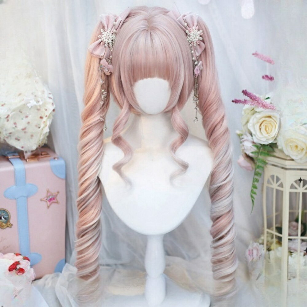 ロリータ フルウィッグ かつら グラデーション ローマカール バンス 前髪 ツインテール ボブ 巻き髪 ロング 耐熱 lolita風 スウィート 小顔 可愛い カールの揉み上げ ファッション コスプレ ドール感 宮廷風 ネット付き (ピンク）