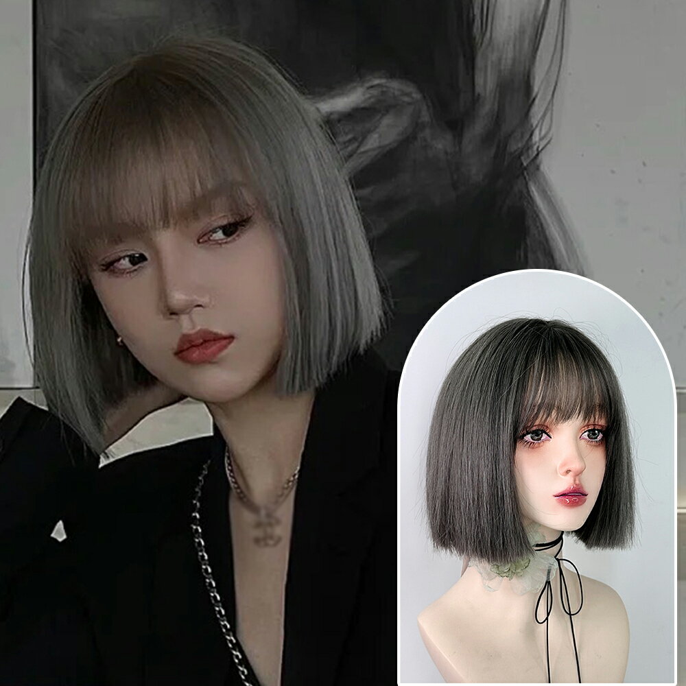 ロリータ ウィッグ ショート ボブ フルウィッグ ストレート レディーズ かつら ウィッグ ぱっつん 前髪 女装 自然 小顔 原宿系 日常 耐熱 少女 普段使い コスプレ wig ネット付き(グレー)