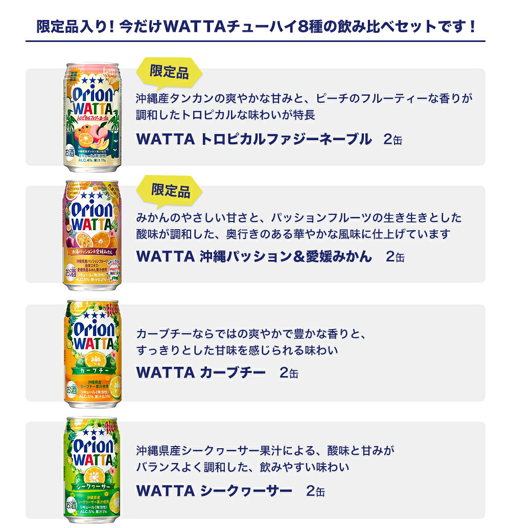 【クーポンで10%OFF 10/4 20時〜】チューハイ 詰め合わせ 飲み比べ 今だけ WATTA 8種 12缶 セット 350ml 定番 12本 オリオンビール トロピカルファジーネーブル 沖縄パッション 愛媛みかん カーブチー シークヮーサー パッションフルーツ アセロラ パイナップル 無糖 orionbeer-10000037 オリオンビール楽天市場店 サンプル画像3