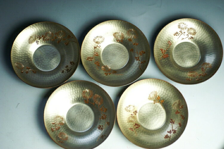 茶托 手作り 銅器 白宣 菊彫文 （5枚組） 茶器【工芸ギフト】