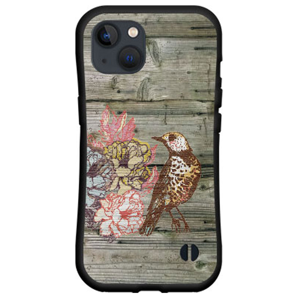 落としても割れにくい驚きの衝撃吸収力豊富なオリジナルデザイン耐衝撃 ハイブリッドケースiPhone 13アイフォン サーティーンdocomo au SoftBank木目調バード