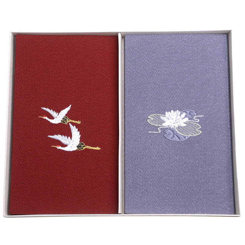 【メール便送料無料】ちりめん刺繍ふくさ2枚セット 日本製 縮緬金封袱紗慶弔セット 慶弔両用2枚組箱入
