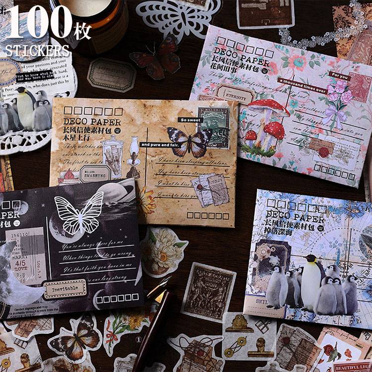 即日出荷 100枚入 詰め合わせセット マステ シール 透明シール レース 素材紙 マステ素材 ステッカー コラージュ素材 和紙 PET ヴィンテージ レトロ ...