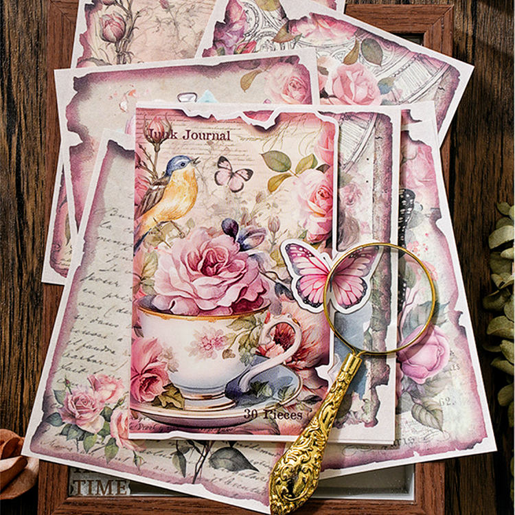 即日出荷 海外デザインペーパー ヴィンテージ ペーパー 素材紙ブック 背景紙 海外 コラージュ素材 ペーパー 外国 女性 人物 森の妖精 花の妖精 イラスト 30枚/冊 アンティーク レトロ 小屋 城 花柄 植物 動物 クジャク 森 森林 ガーデン 建物 デコレーション 手帳 背景 DIY