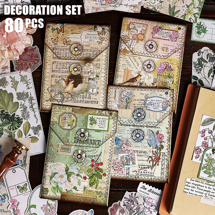 即日出荷 80枚 異素材 コラージュ素材セット 2種類素材 詰め合わせセット 大容量 スクラップブッキング ヴィンテージ レトロ アンティーク マステシール ステッカー 素材紙 背景紙 デザインペーパー 縦長 タグ レース 花柄 鳥かご 鳥籠 英字 英語 小鳥 植物 手帳 日記 DIY