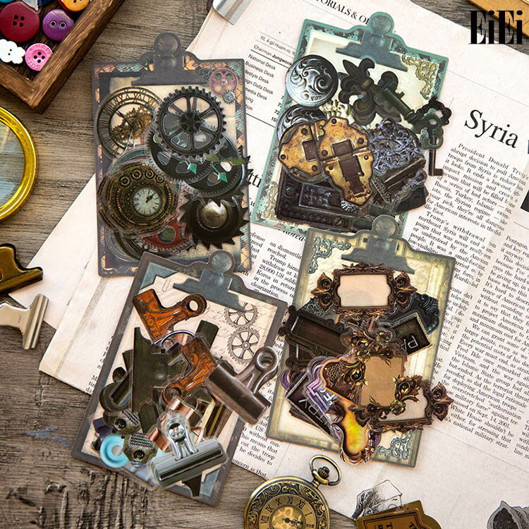 即日出荷 ヴィンテージ ステッカー 歯車 スチームパンク タグ 名札 クリップ 鍵 鎖 文房具 小物 生活 雑貨 パーツ イラストシール アンティーク レトロ クリアシール コラージュ素材 シール イラストステッカー 30枚 PET シール コラージュ デコレーション 手帳 日記 DIY