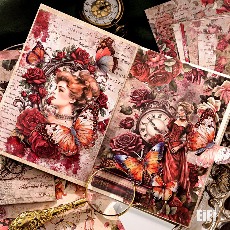即日出荷 海外デザインペーパー ヴィンテージ ペーパー 背景紙 便箋 メモパッド 海外 コラージュ 素材 ペーパー 外国 女性 人物 妖精 ガーデン 柵 建物 額縁 イラスト 30枚 アンティーク レトロ 小屋 城 花柄 植物 森林 ドア 扉 デコレーション ハンドメイド 手帳 背景 DIY