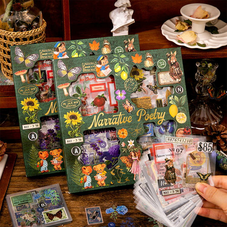 即日出荷 クリアシール 柄違い約640枚 100シート 型抜き 大容量 透明シール 海外コラージュ素材セット 箱入り レトロ フレークシール 英字 人物 花 フ...