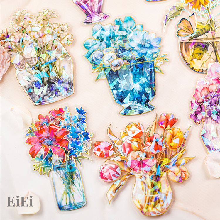 即納 オーロラ箔押し クリアシール 大きめ 花瓶 貝シェル光加工 コラージュ素材 シール 立体感 花柄 花生け 花束 イラスト シール コラージュ 素材 PET シール 耐水 ステッカー デコレーション スクラップブッキング 箔押し 貝殻 貝シェル 神秘 幻想 ハンドメイド 手帳 DIY
