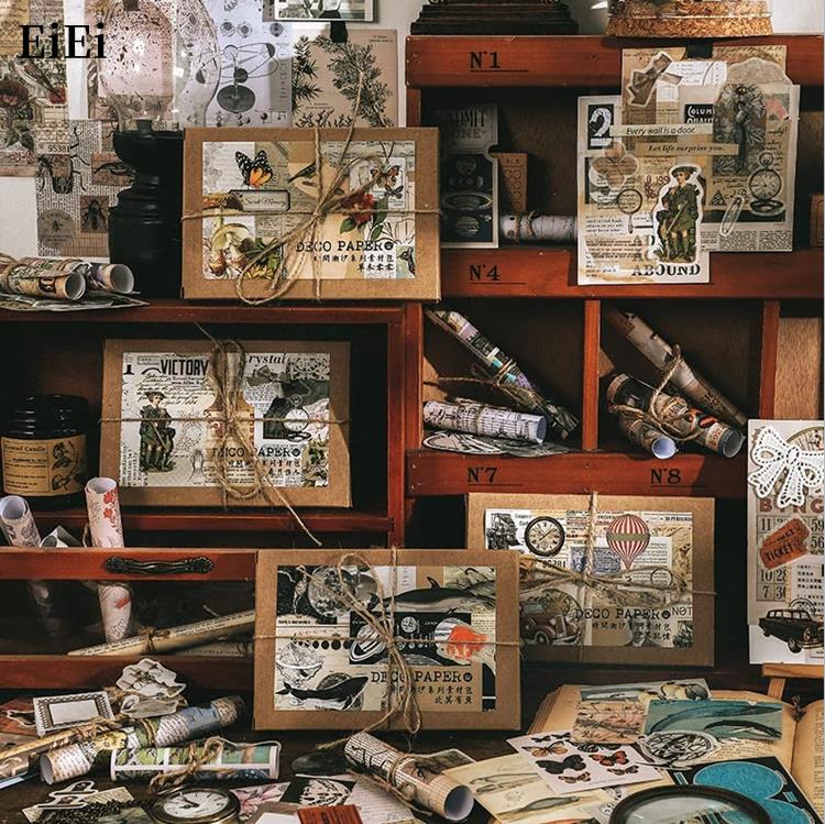 即日出荷 200枚 贅沢なデコレーション素材 詰め合わせセット ヴィンテージ レトロ アンティーク 80枚マステシール+120枚素材ペーパー 手帳デコ コラージ...