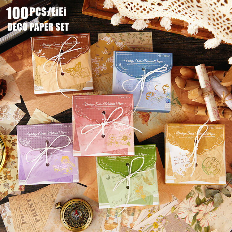 即日出荷 海外コラージュ素材セット 100枚50柄 大容量 異素材 デザインペーパー 素材紙 背景紙 素材ペーパー 便箋 メモパッド ジャンクジャーナル ヴィン...