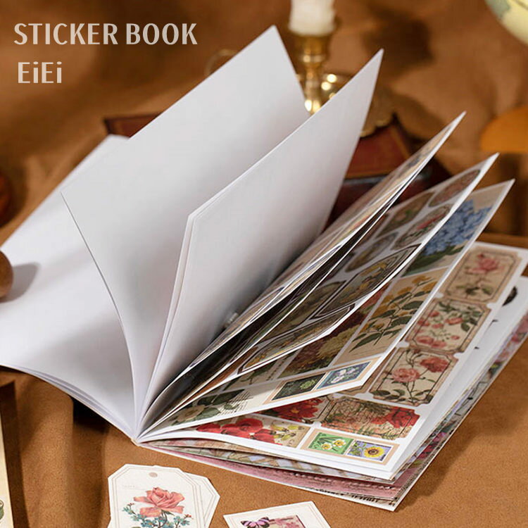 即日出荷 シールブック 型抜き 大きめ 210mm×140mm ダイカット ステッカーブック アンティーク レトロ コラージュ 素材 20頁/冊 背景シール 背景紙シール 外国 女性 人物 天使 妖精 花柄 蝶 ローズ 薔薇 英語 タグ 名絵 ミュシャ アルファベット 英字 ハンドメイド手帳 DIY