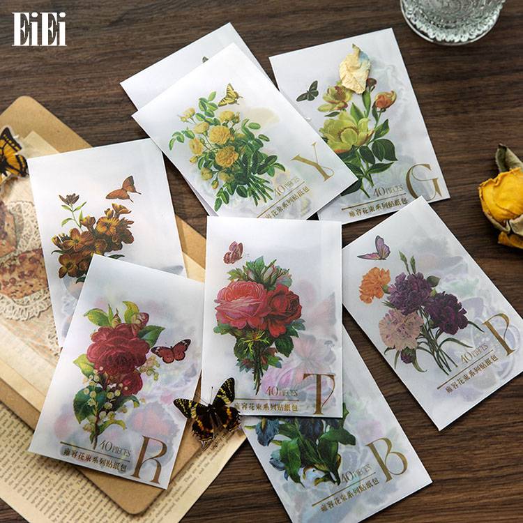 即日出荷 クリアシール フレークシール 花 蝶 薔薇 ローズ 耐水 海外ステッカー コラージュ 素材 セット 40枚20柄 カラー別 ジャンクジャーナル デコレ...