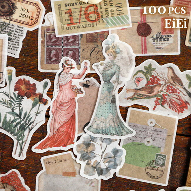 即日出荷 海外シール 100枚 レトロ 大容量 コラージュ 素材 シール マステ素材 アンティーク マステシール ステッカー ヴィンテージ 外国 女性 人物 シ...