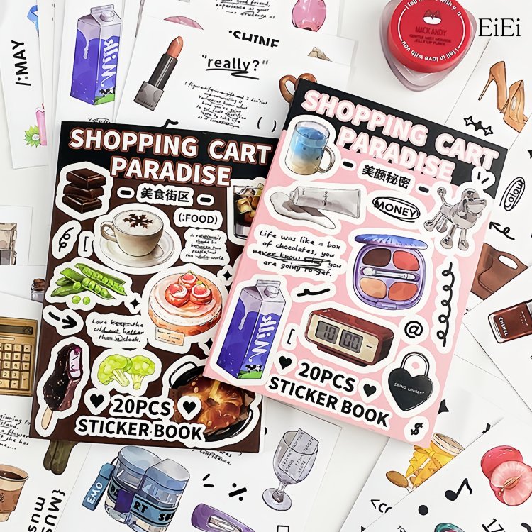 即日出荷 シールブック 型抜き ステッカーブック コラージュ素材 英語 タグ 枠 数字 生活小物 生活雑貨 化粧グッズ 化粧品 旅 食品 野菜 調味料 ケーキ 珈琲 家具 レトロ 香水 インスタ風 シール帳 20頁/冊 大容量 シールシート アンティーク レトロ 文房具 手帳 シール DIY