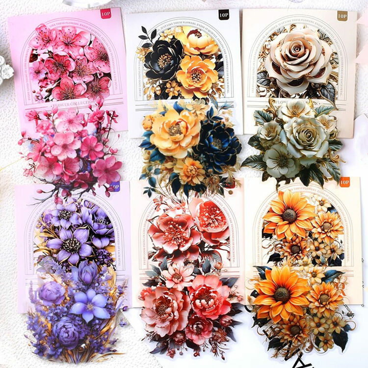 即日出荷 買い得セット 6袋 クリアシール ラージサイズ 華やか 大きめ コラージュ 素材 シール 花柄 立体感 コラージュ 薔薇 ローズ バラ さくら すみれ ボタン 牡丹 60枚 PET 耐水 神秘 紫 青 藍 クリアシール コラージュシール 植物 フラワー 大人 手帳 ハンドメイド DIY