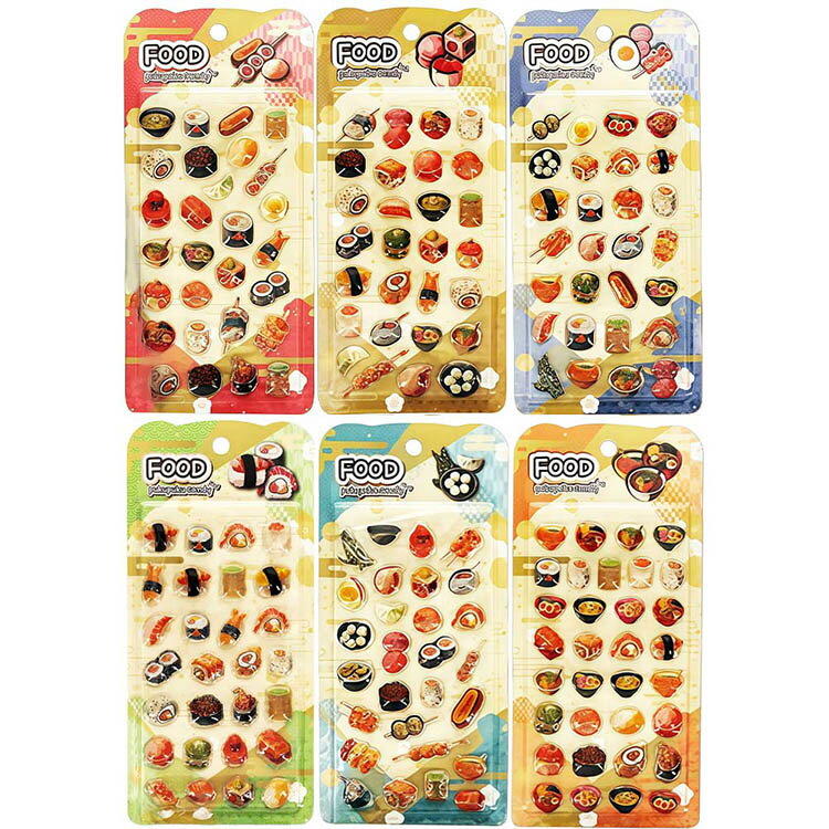 Rakuten - 即日出荷 6種セット FOODぷくぷくキャンディシール 厚さ約5mm SNS 人気 立体シール 透明立体シール 3Dシール 3D立体シール 弁当 ランチ 食品 和食 寿司 すし 団子 コラージュ素材 吉田産業 かわいい 手帳 デコ コラージュ デコレーション 平成レトロ シール交換 シル活 DIY