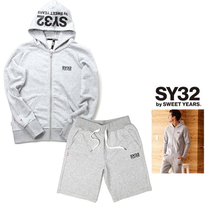 SY32 by SWEET YEARSTNS1703・1719 GYREGULAR ZIP HOODIE＆REGULAR SWEAT SHORT PANTSフード BIGロゴ・ZIPパーカー＆ショートスェット・スーツcolor:グレー