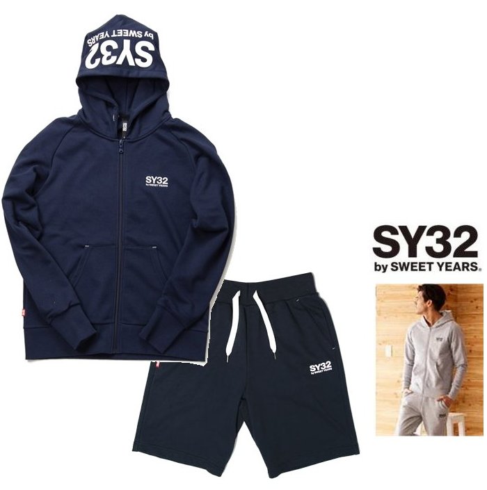 SY32 by SWEET YEARSTNS1703・1719 NVREGULAR ZIP HOODIE＆REGULAR SWEAT SHORT PANTSBASIC ZIP HOODIE SET UPフード BIGロゴ・ZIPパーカー＆ショートスェット・スーツcolor:ネイビー