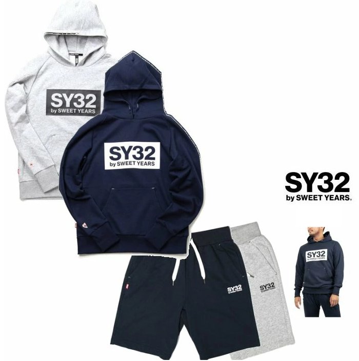 ■■SALE■■SY32 by SWEET YEARSTNS1704・1719 NVREGULAR BOX HOODIE＆REGULAR SWEAT SHORT PANTSフード BIGボックスロゴ＆ショートスェット・スーツcolor:ネイビーcolor:グレー