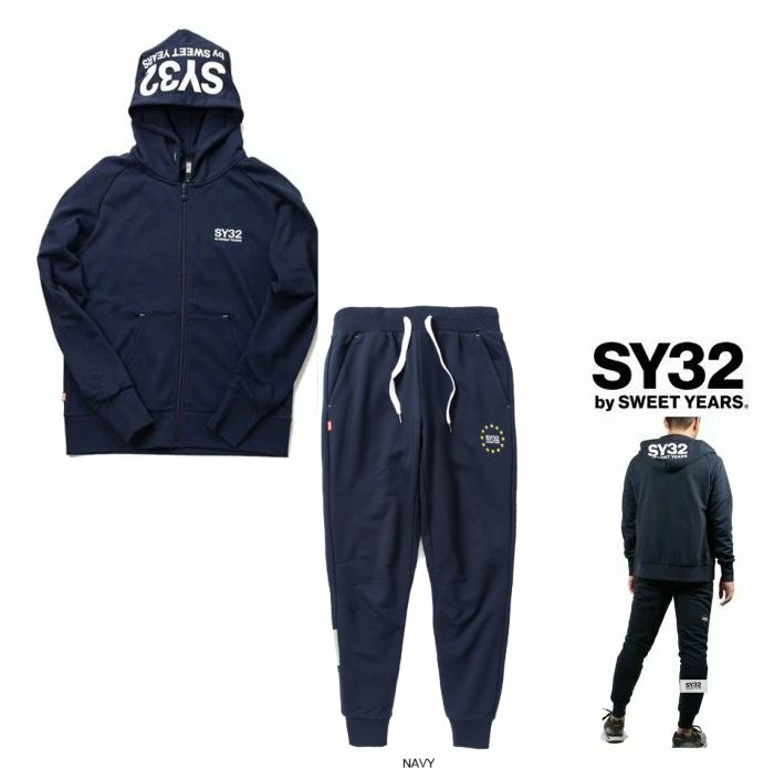 SY32 by SWEET YEARSTNS1703-2・1717 NV REGULAR ZIP HOODIE＆WORLD STAR SWEAT PANTSフード BIGロゴ・ZIPパーカー＆スェット・スーツcolor:ネイビー